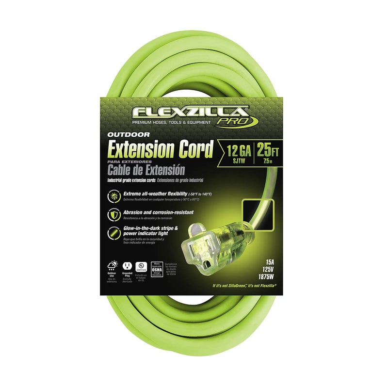 Flexzilla Pro Extension Cord, 12/3 AWG SJTW, 25 ft., Lighted Plug, Indoor/Outdoor, ZillaGreen - FZ512825 - Image 2